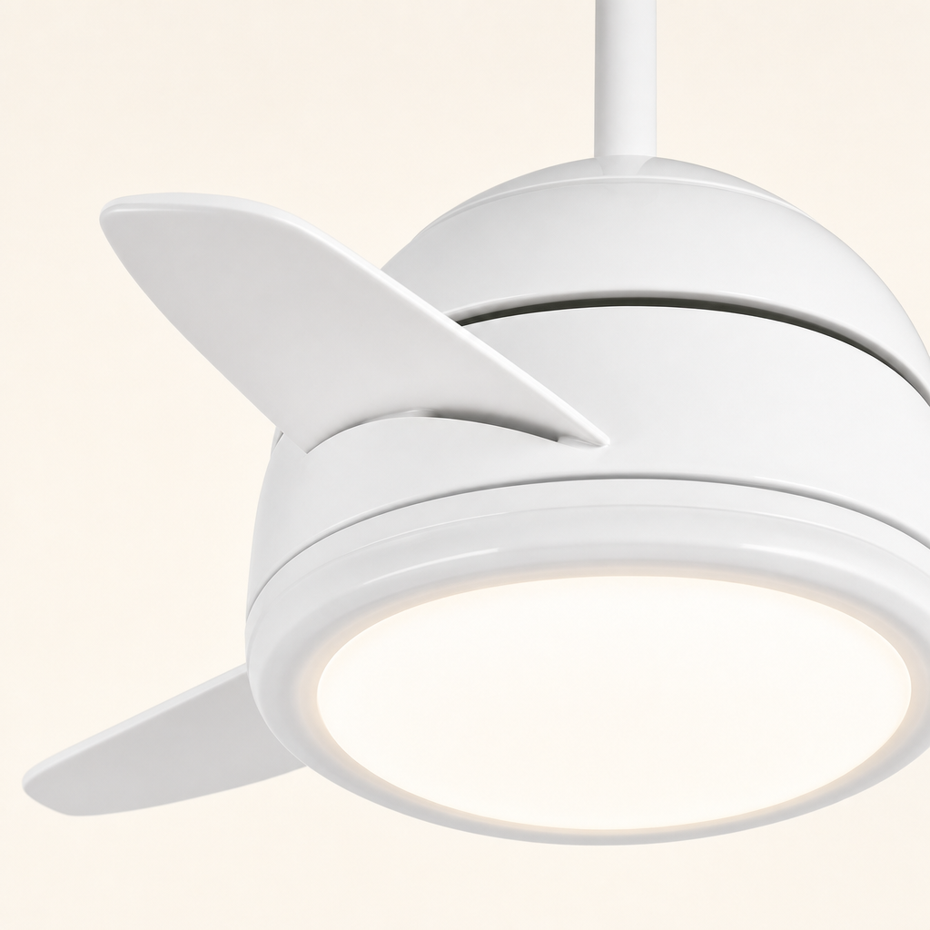 White Compact Ceiling Fan with Light - FAN930-01 — housing blade joint close-up