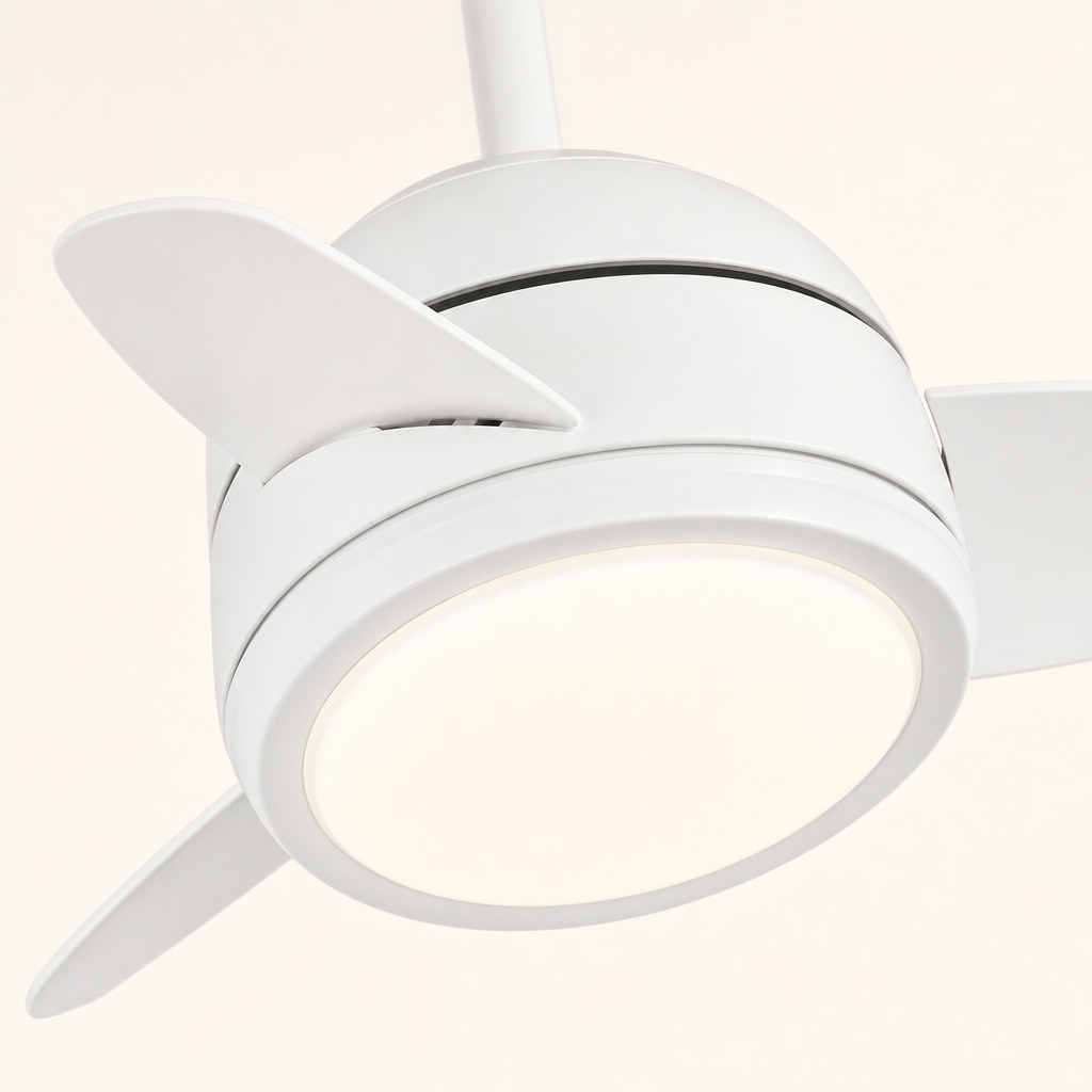 White Compact Ceiling Fan with Light - FAN930-01 — light diffuser trim close-up