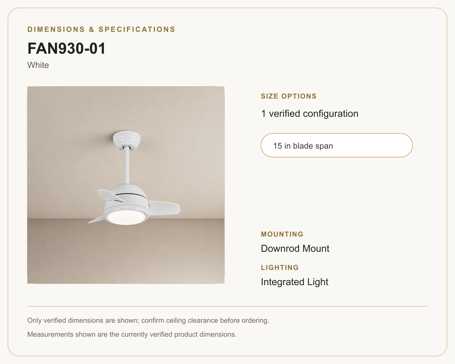 FAN930-01 ceiling fan dimensions and specifications