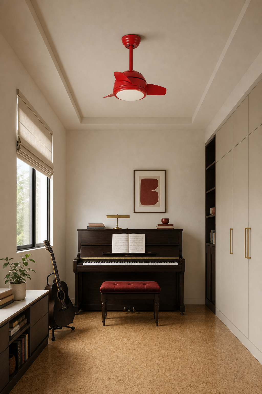 Red Compact Ceiling Fan with Light - FAN930-02 — music practice room room scene