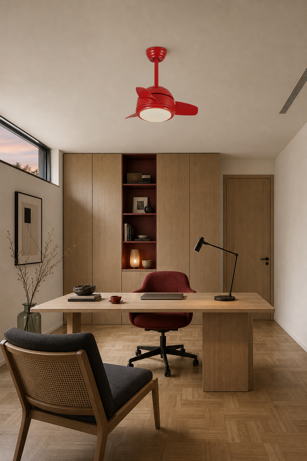 Red Compact Ceiling Fan with Light - FAN930-02 — compact home office room scene
