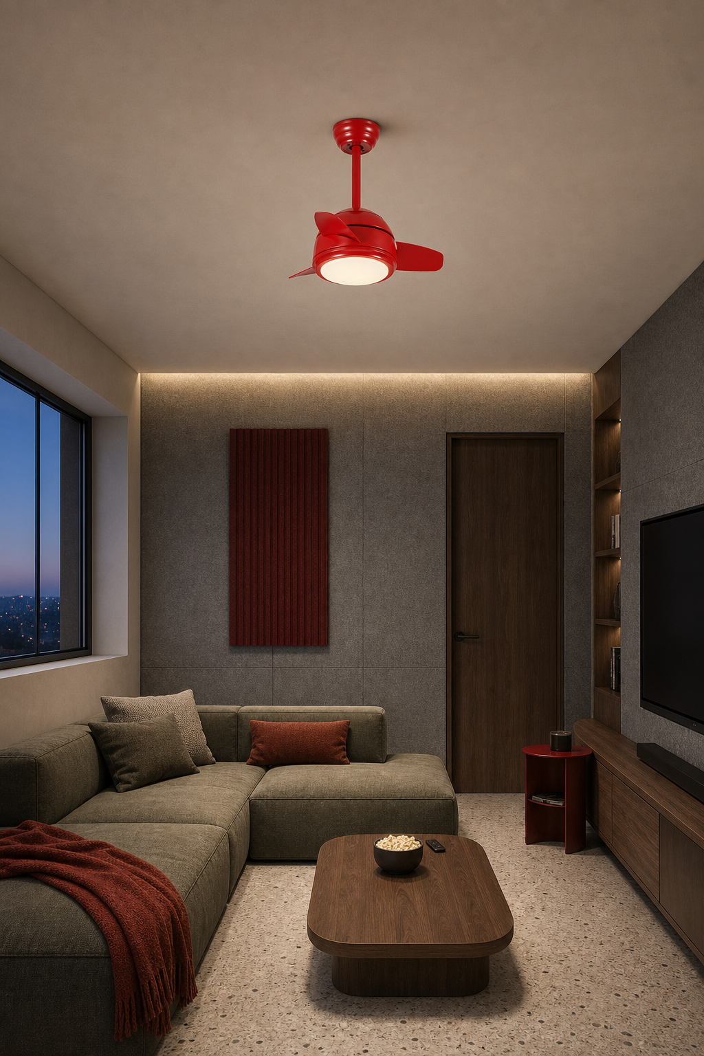 Red Compact Ceiling Fan with Light - FAN930-02 — compact media room room scene