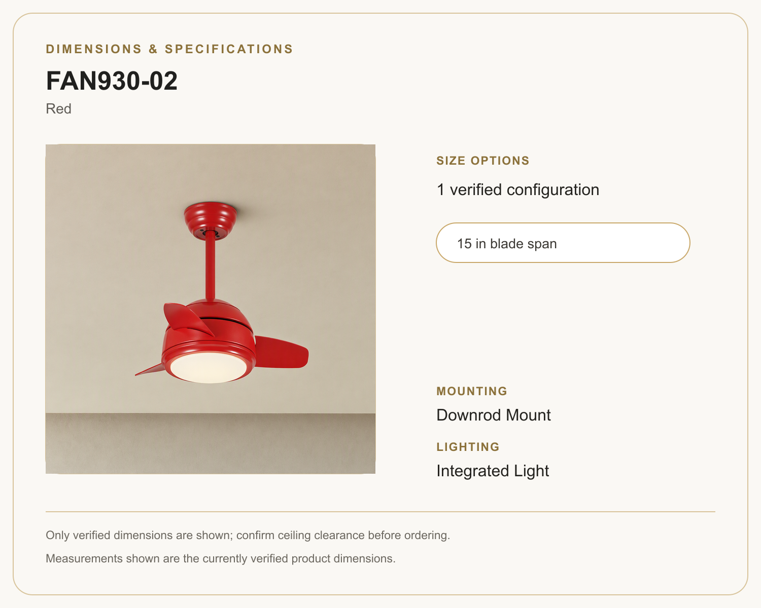 FAN930-02 ceiling fan dimensions and specifications