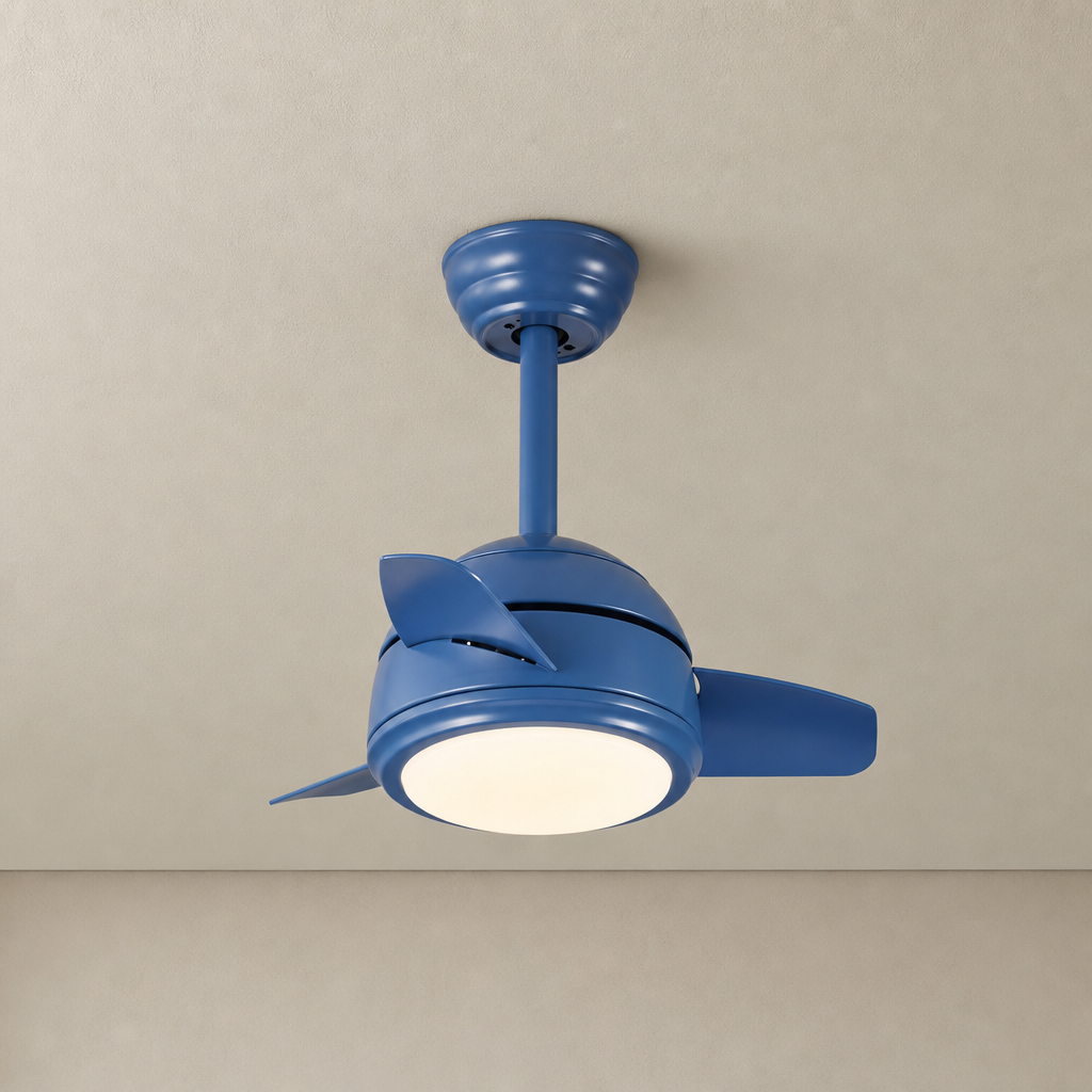 Blue Compact Ceiling Fan with Light - FAN930-03 — Blue clean installed product view on a warm neutral ceiling background