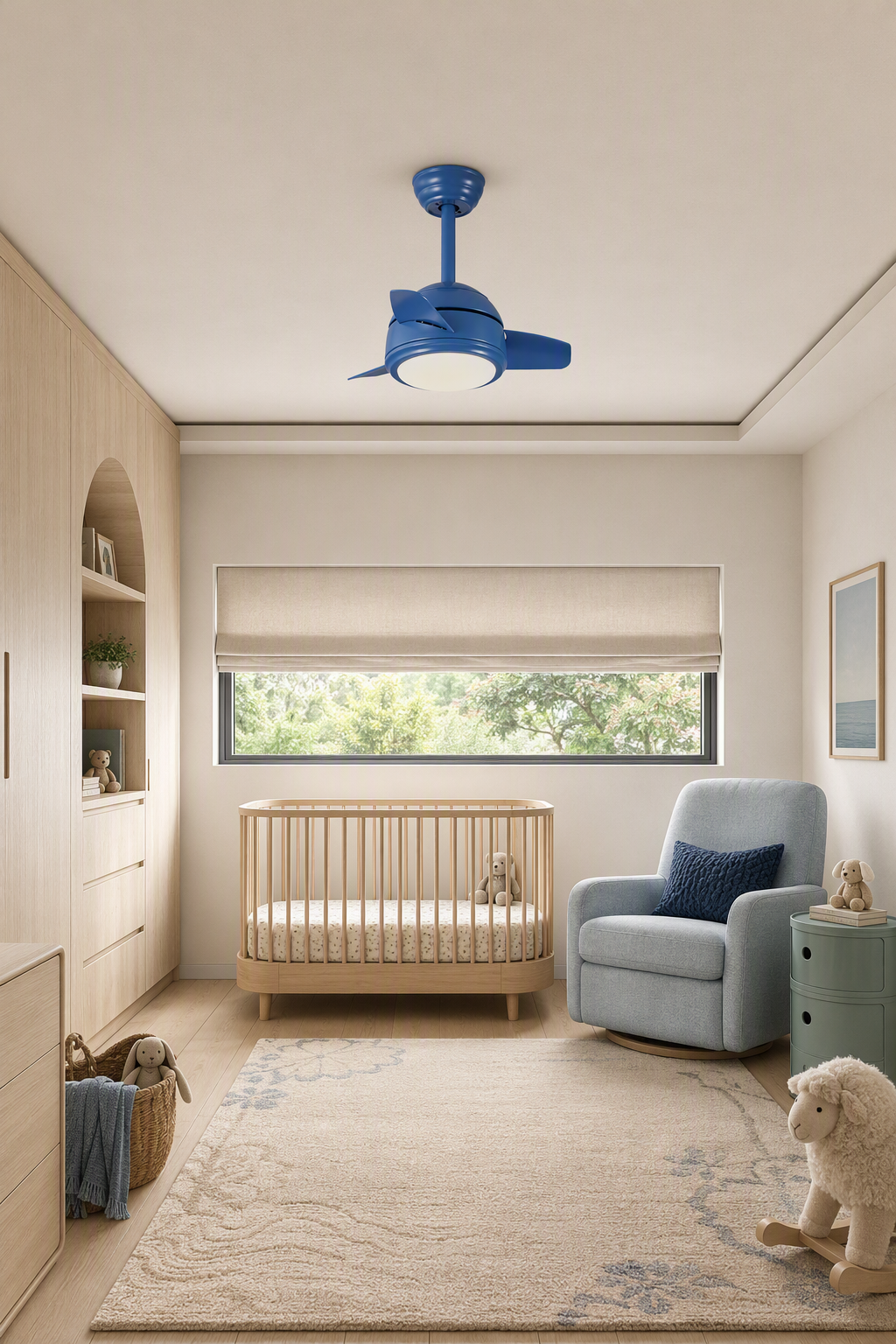 Blue Compact Ceiling Fan with Light - FAN930-03 — nursery room scene