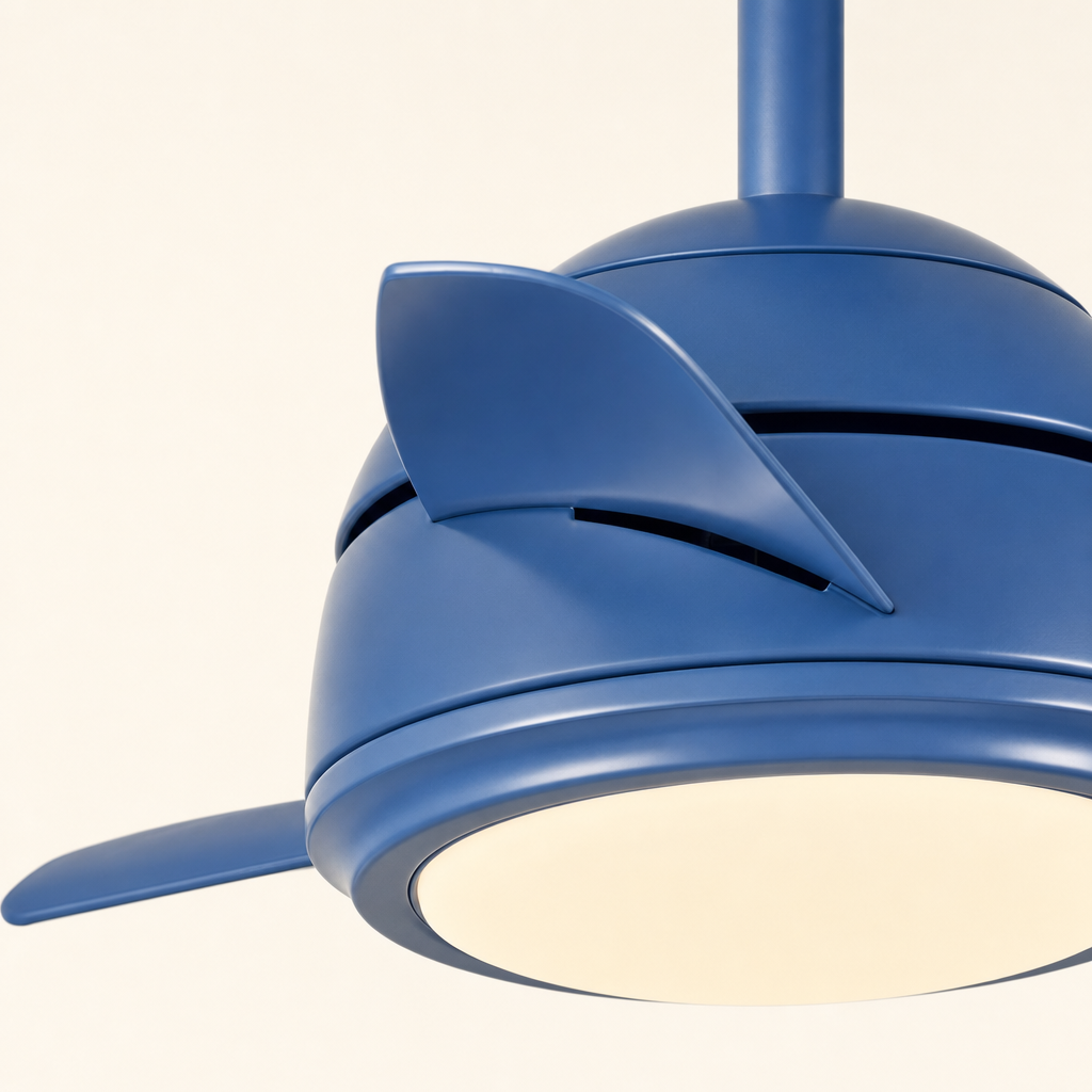 Blue Compact Ceiling Fan with Light - FAN930-03 — housing blade joint close-up