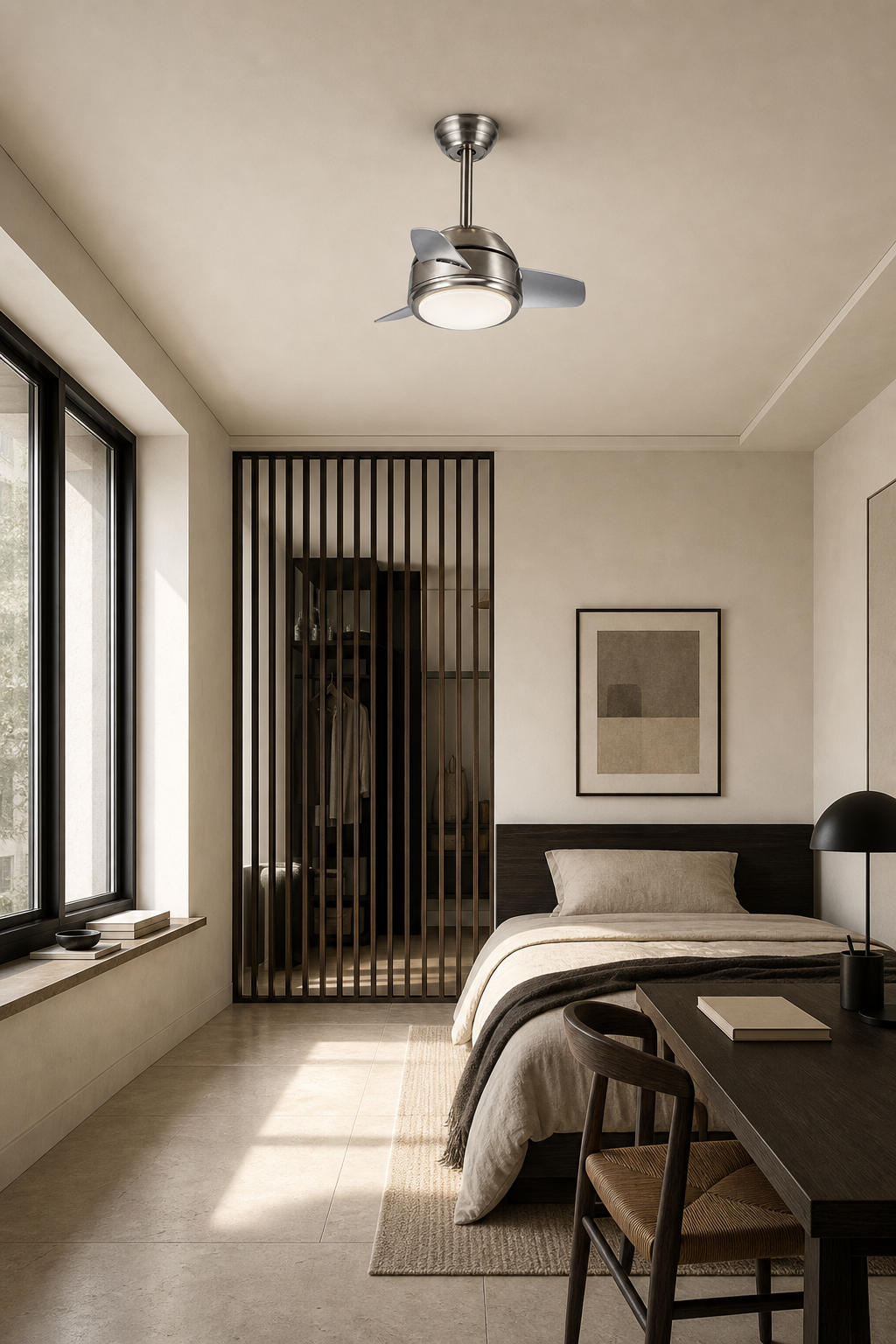 Satin Nickel Compact Ceiling Fan with Light - FAN930-04 — studio bedroom room scene