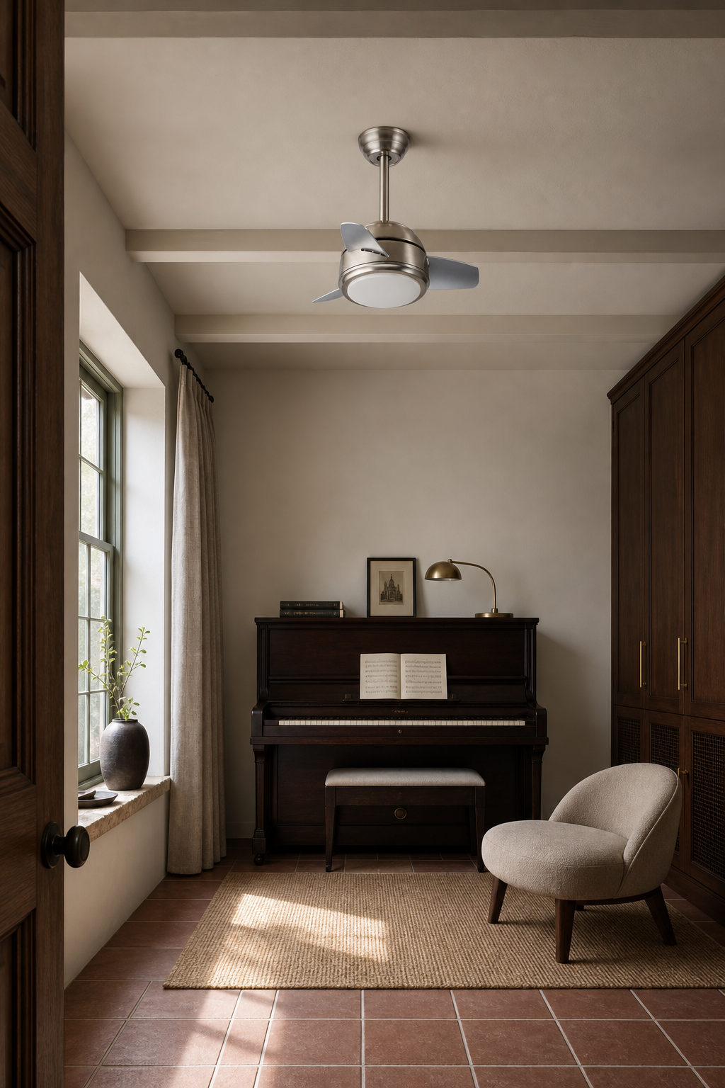Satin Nickel Compact Ceiling Fan with Light - FAN930-04 — music practice room room scene