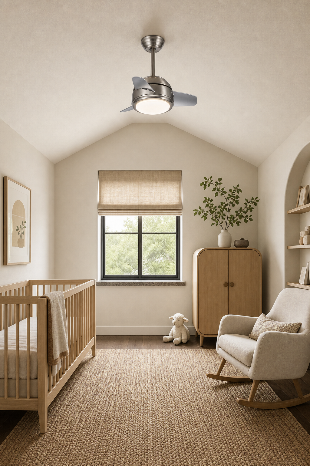 Satin Nickel Compact Ceiling Fan with Light - FAN930-04 — nursery room scene