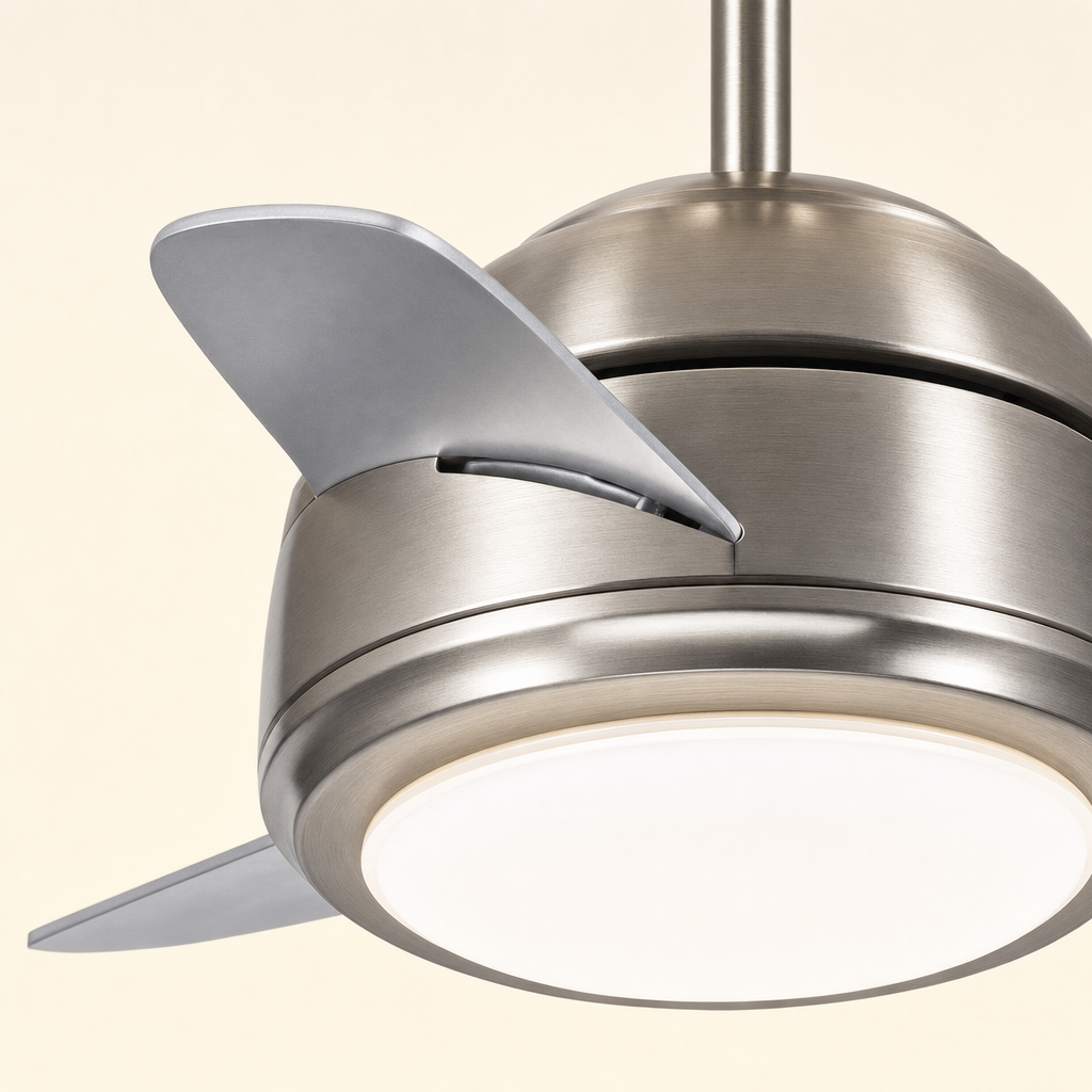 Satin Nickel Compact Ceiling Fan with Light - FAN930-04 — housing blade joint close-up
