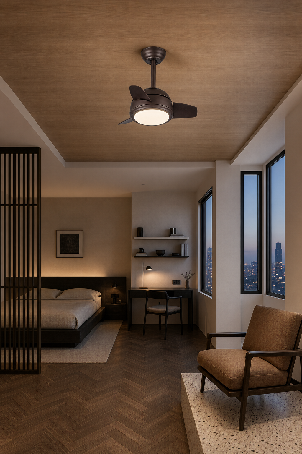 Brown Compact Ceiling Fan with Light - FAN930-05 — studio bedroom room scene