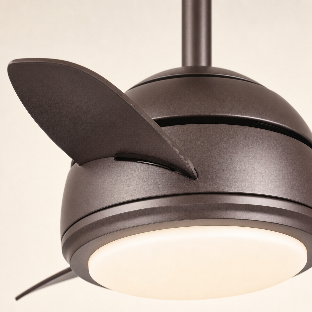 Brown Compact Ceiling Fan with Light - FAN930-05 — housing blade joint close-up