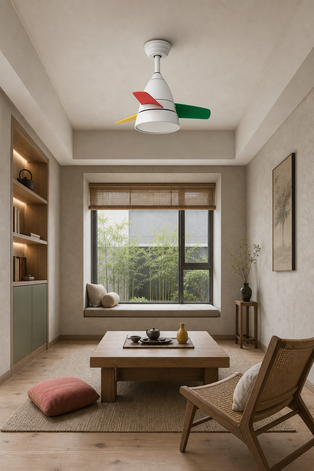 White Multicolor-Blade Ceiling Fan with Light - FAN931-01 — small tea room room scene