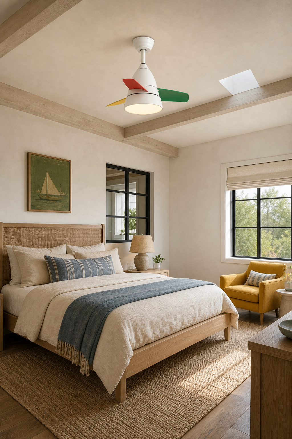 White Multicolor-Blade Ceiling Fan with Light - FAN931-01 — coastal guest room room scene