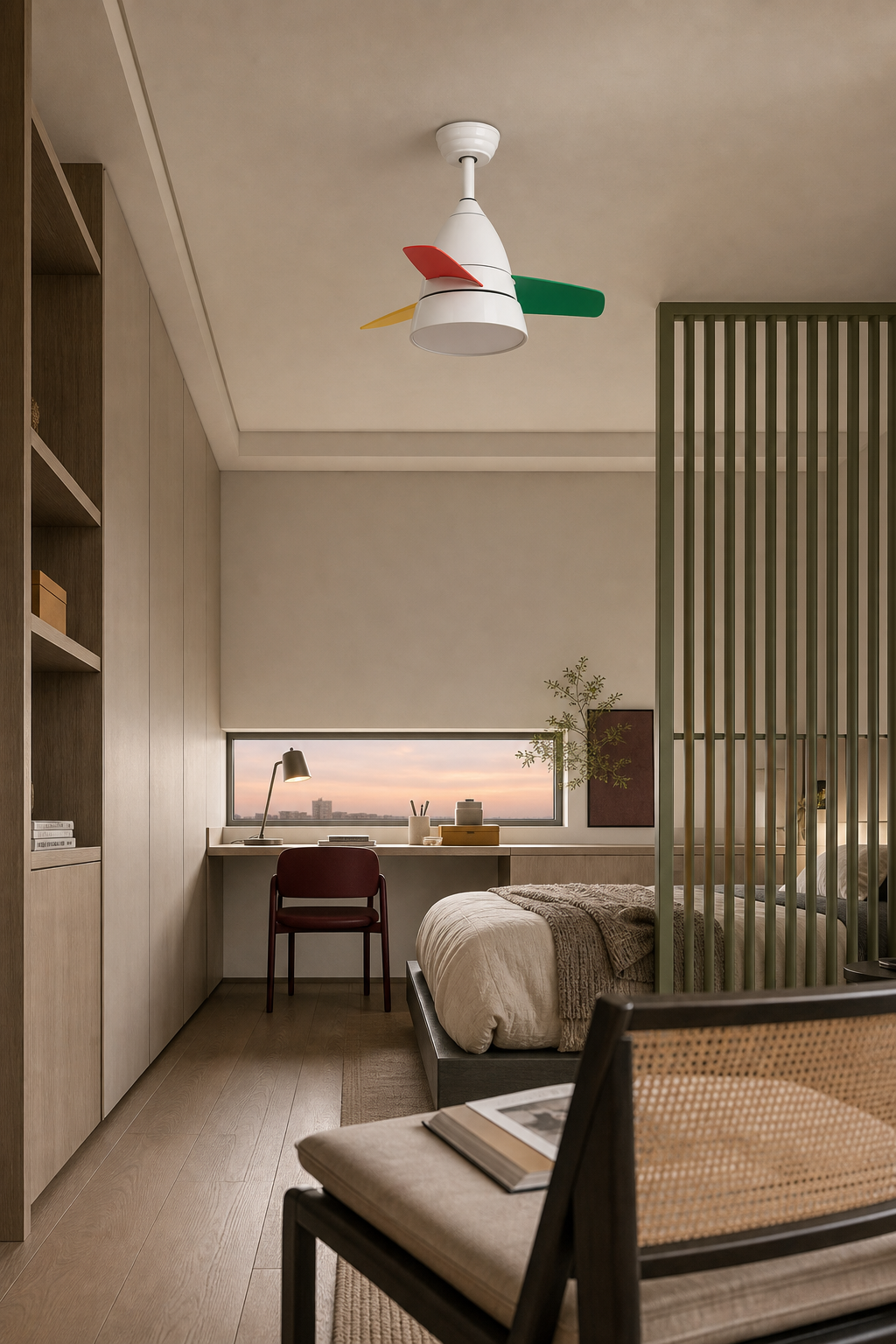 White Multicolor-Blade Ceiling Fan with Light - FAN931-01 — studio bedroom room scene