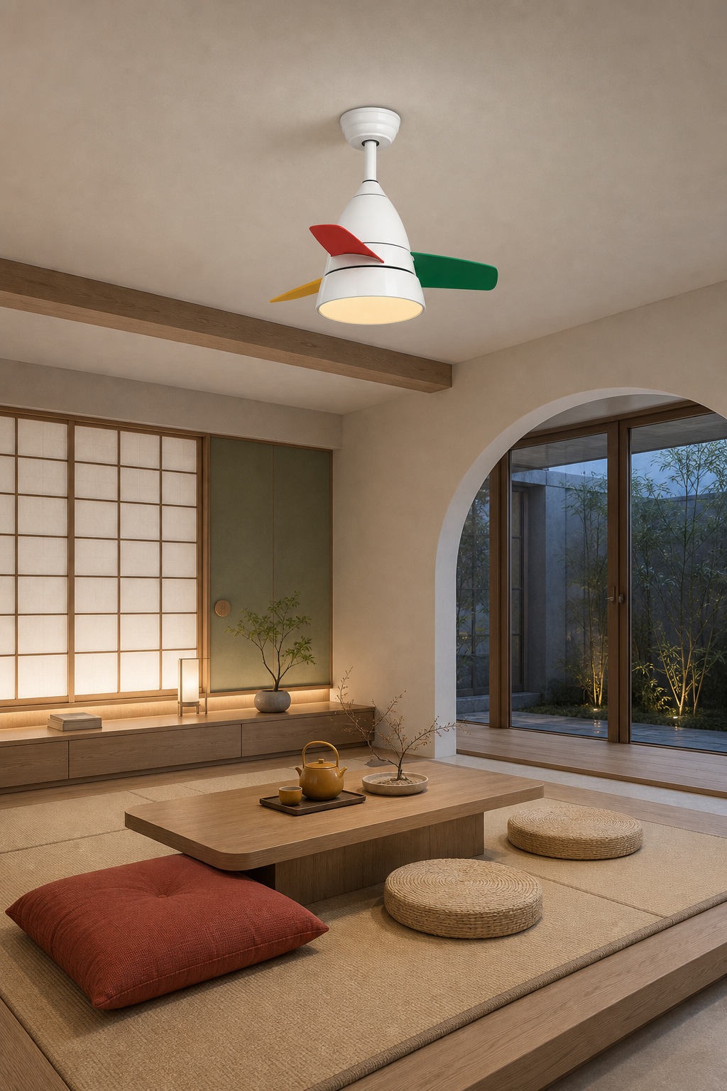 White Multicolor-Blade Ceiling Fan with Light - FAN931-01 — tatami lounge room scene