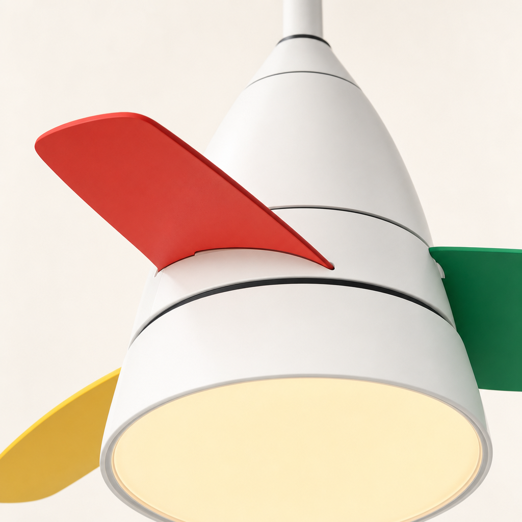 White Multicolor-Blade Ceiling Fan with Light - FAN931-01 — housing blade joint close-up