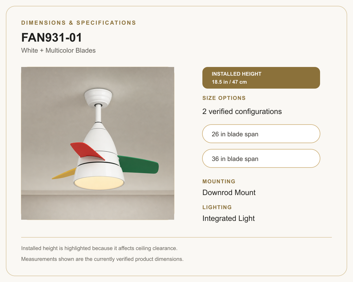FAN931-01 ceiling fan dimensions and specifications