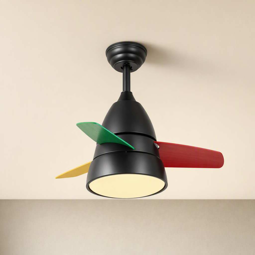 Black Multicolor-Blade Ceiling Fan with Light - FAN931-02 — Black + Multicolor Blades clean installed product view on a warm neutral ceiling background