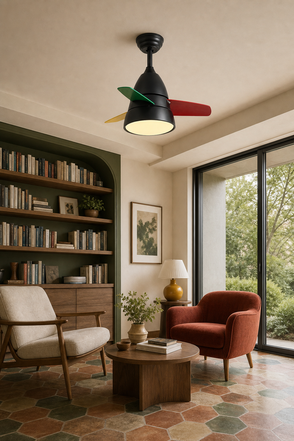 Black Multicolor-Blade Ceiling Fan with Light - FAN931-02 — reading room room scene