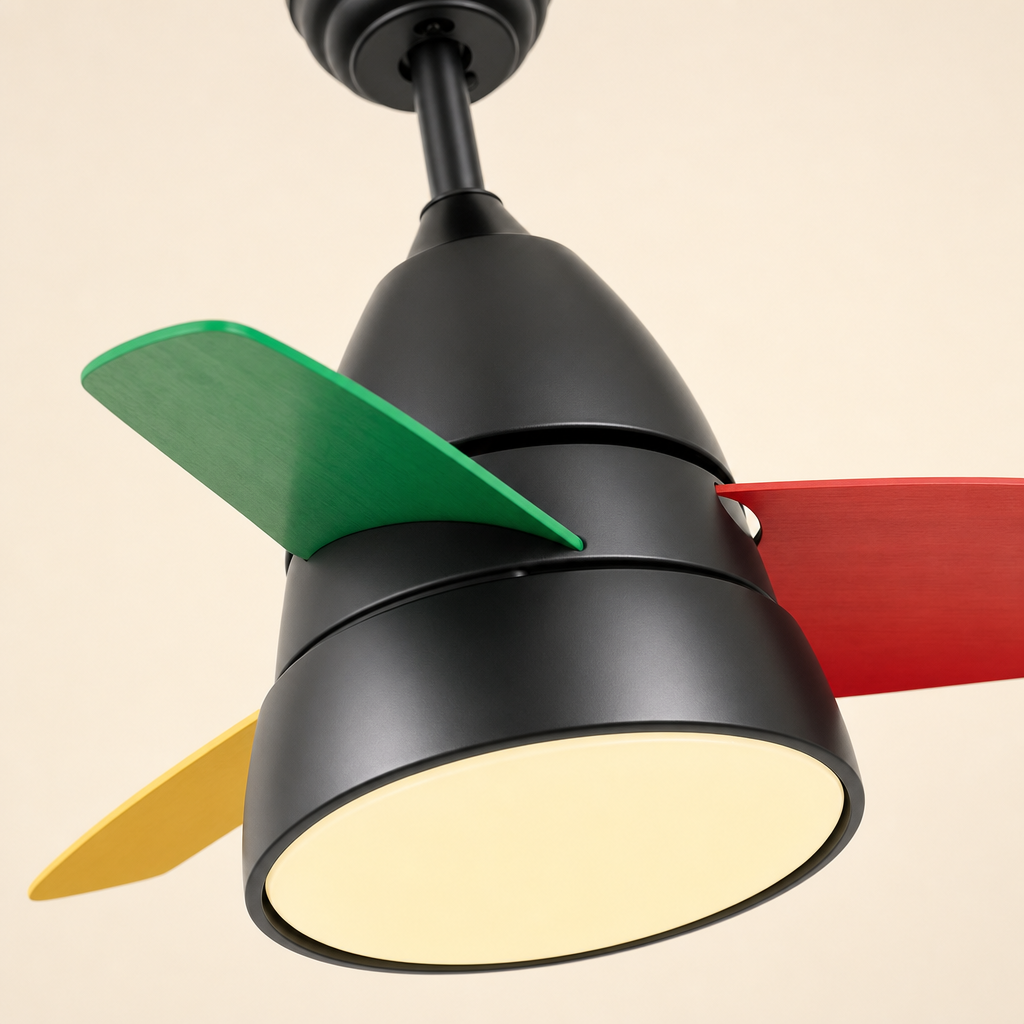 Black Multicolor-Blade Ceiling Fan with Light - FAN931-02 — housing blade joint close-up