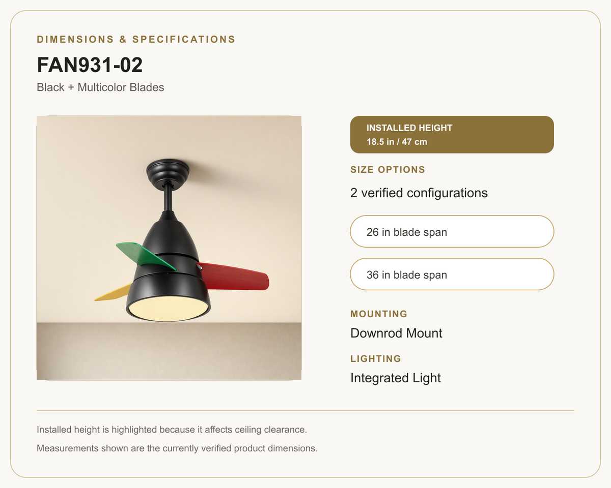 FAN931-02 ceiling fan dimensions and specifications