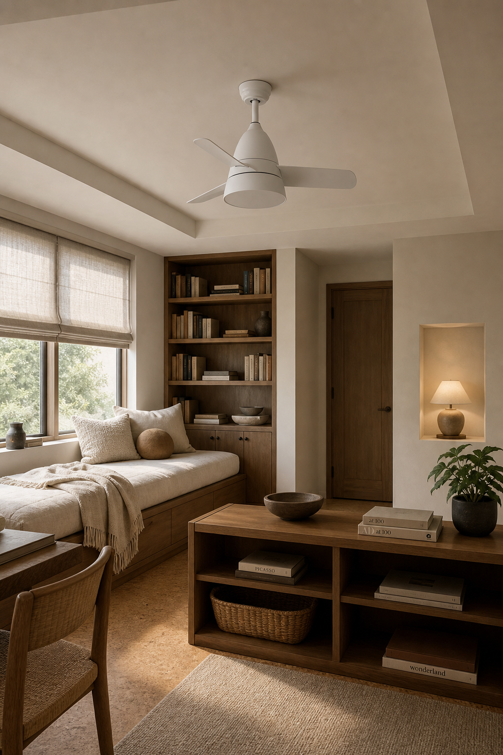 All-White Compact Ceiling Fan with Light - FAN931-03 — reading alcove room scene