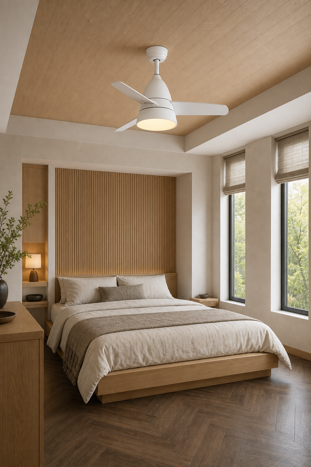 All-White Compact Ceiling Fan with Light - FAN931-03 — japandi bedroom room scene