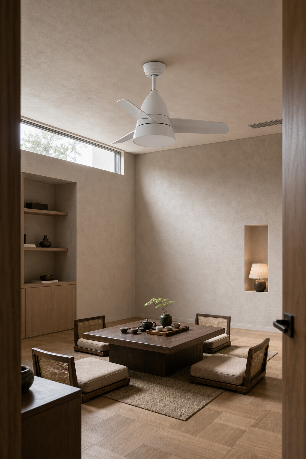 All-White Compact Ceiling Fan with Light - FAN931-03 — small tea room room scene