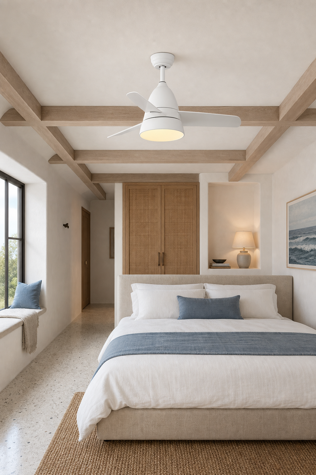 All-White Compact Ceiling Fan with Light - FAN931-03 — coastal guest room room scene