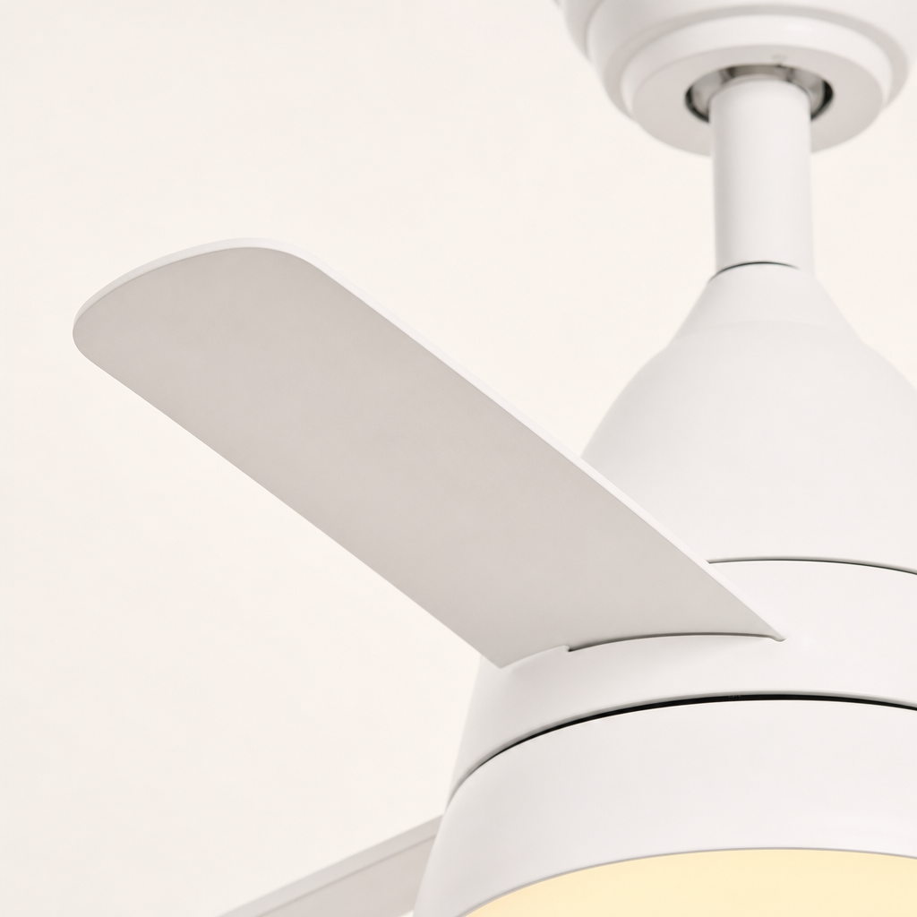 All-White Compact Ceiling Fan with Light - FAN931-03 — blade material edge close-up