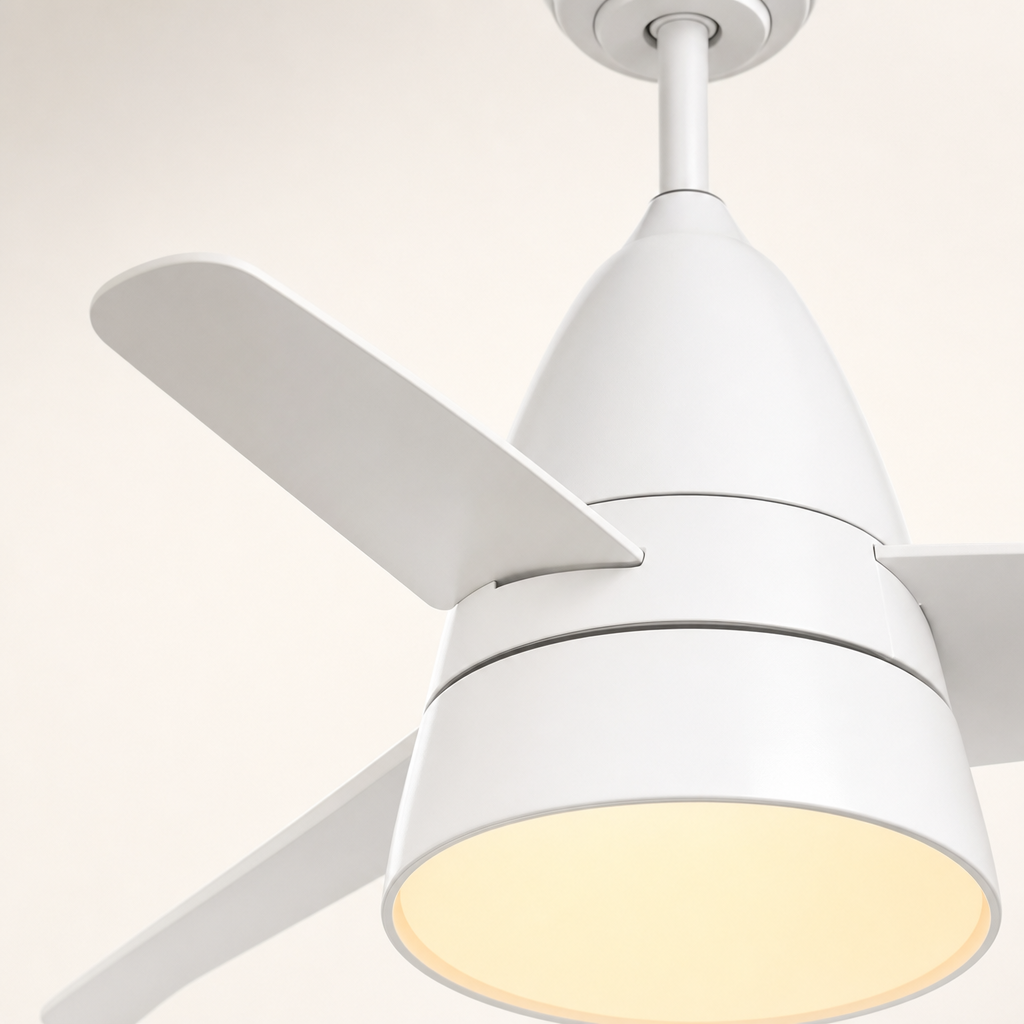 All-White Compact Ceiling Fan with Light - FAN931-03 — housing blade joint close-up