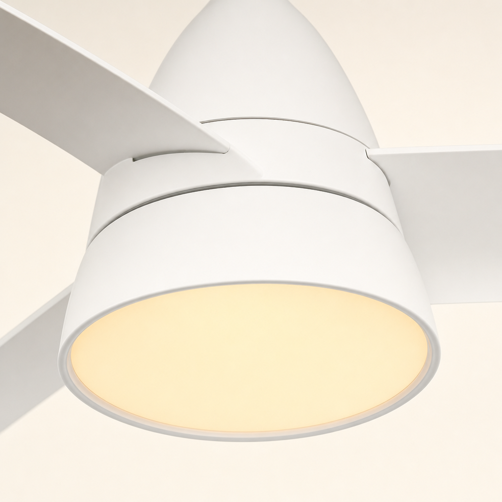 All-White Compact Ceiling Fan with Light - FAN931-03 — light diffuser trim close-up