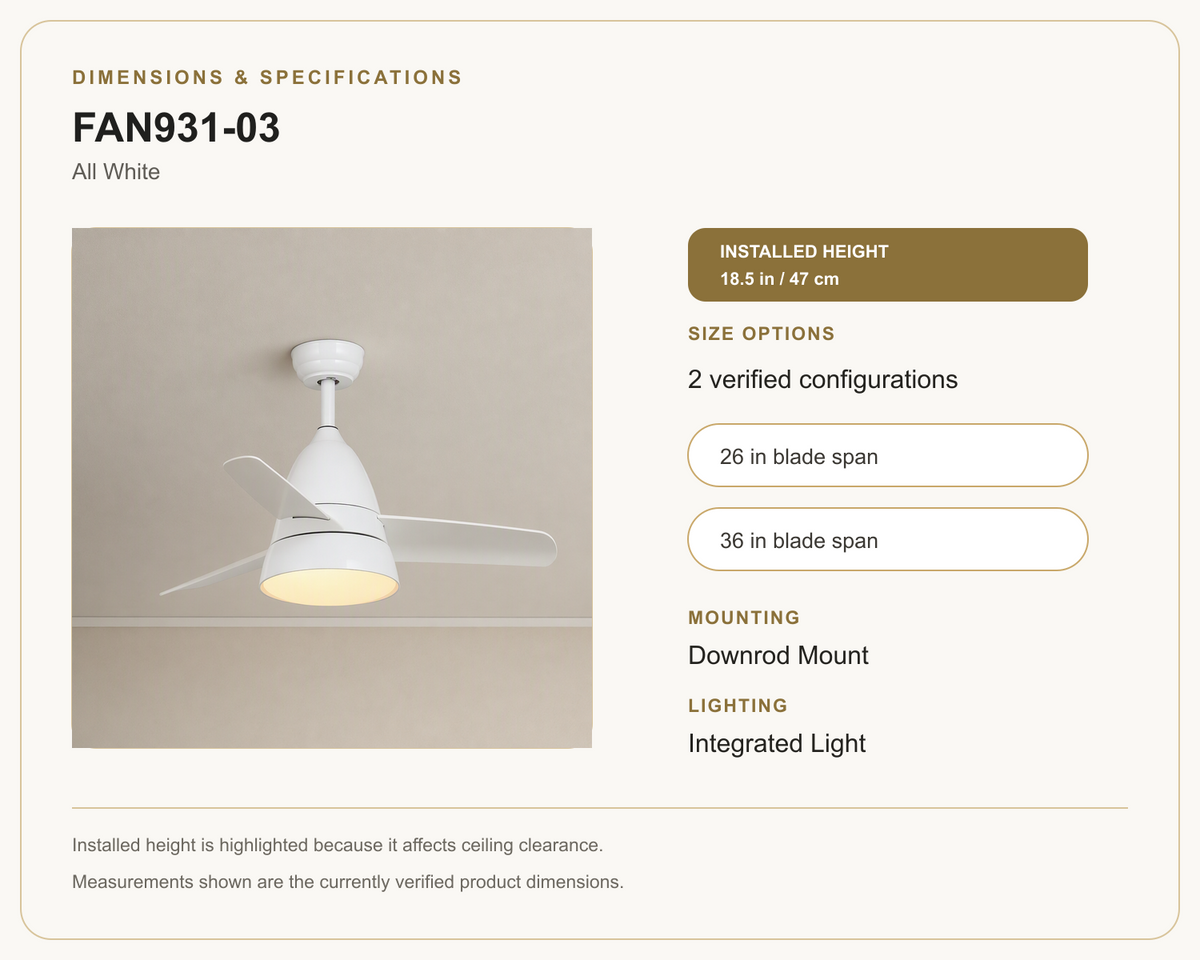 FAN931-03 ceiling fan dimensions and specifications