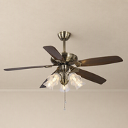 Antique Brass Pull-Chain Ceiling Fan with Five Lights - FAN932-01 — Antique Brass + Dark Wood Blades clean installed product view on a warm neutral ceiling background