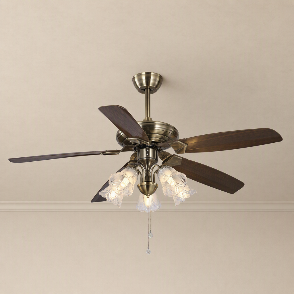 Antique Brass Pull-Chain Ceiling Fan with Five Lights - FAN932-01 — Antique Brass + Dark Wood Blades clean installed product view on a warm neutral ceiling background