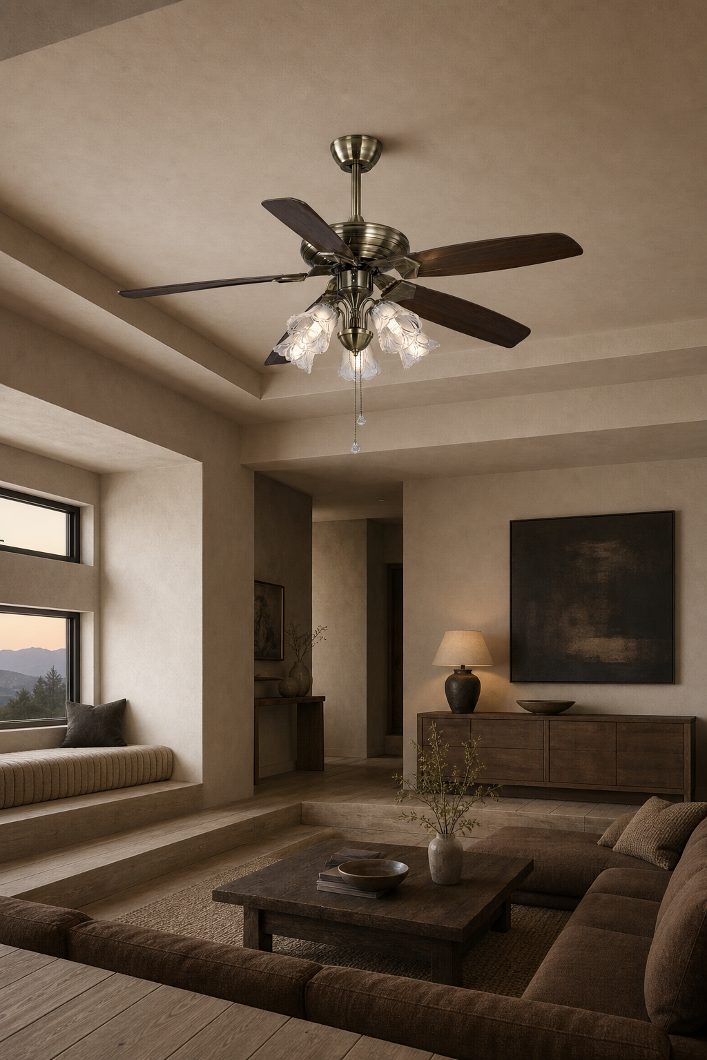 Antique Brass Pull-Chain Ceiling Fan with Five Lights - FAN932-01 — desert modern living room scene