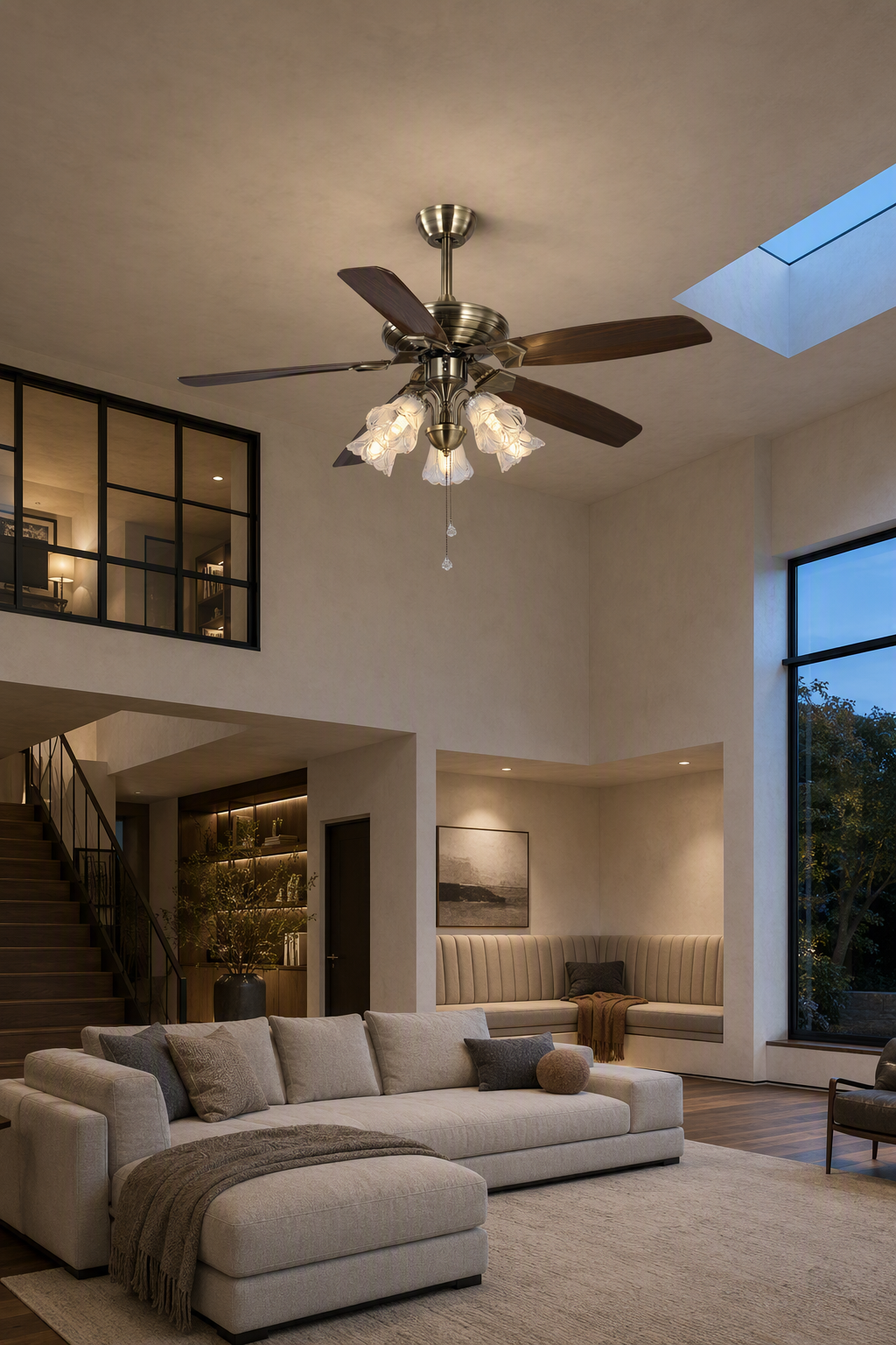 Antique Brass Pull-Chain Ceiling Fan with Five Lights - FAN932-01 — double height living room scene