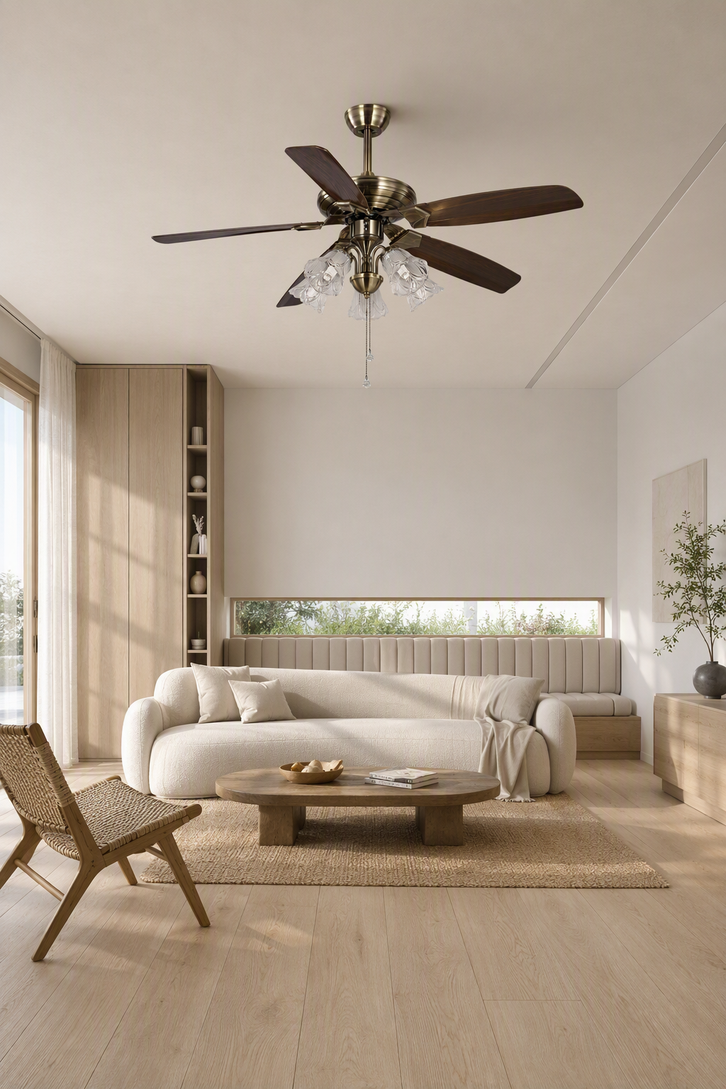 Antique Brass Pull-Chain Ceiling Fan with Five Lights - FAN932-01 — scandinavian living room scene