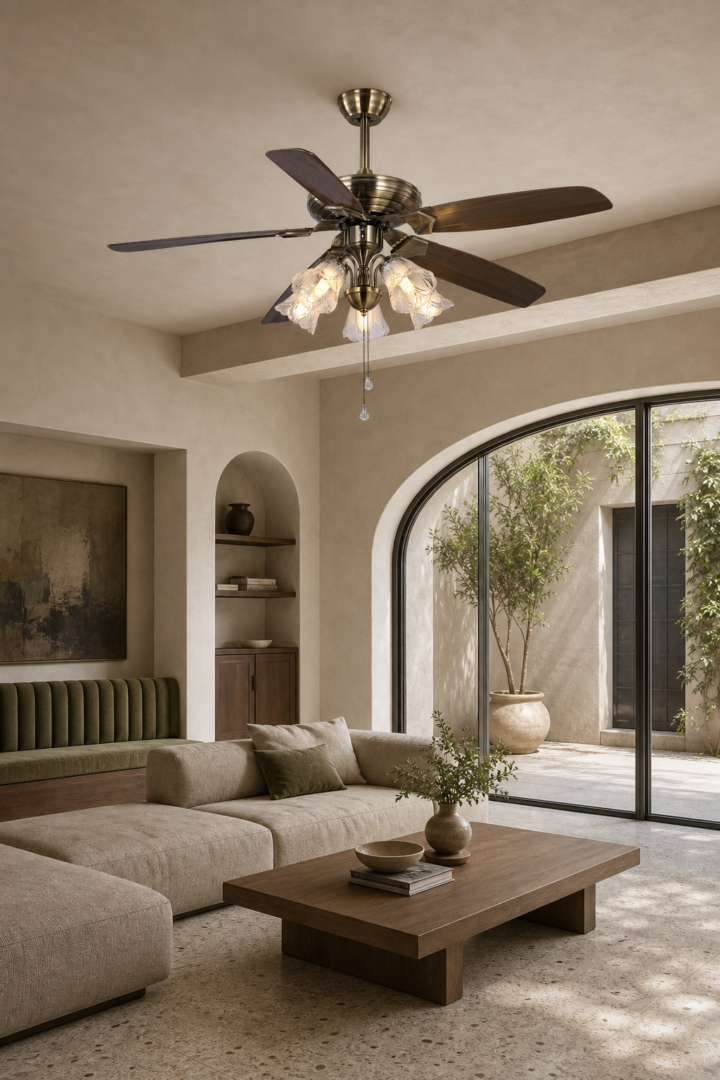 Antique Brass Pull-Chain Ceiling Fan with Five Lights - FAN932-01 — courtyard lounge room scene