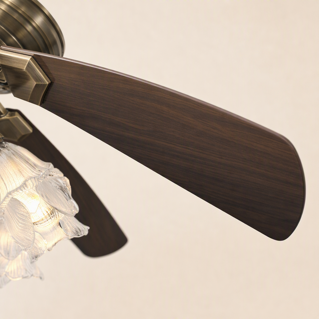 Antique Brass Pull-Chain Ceiling Fan with Five Lights - FAN932-01 — blade material edge close-up