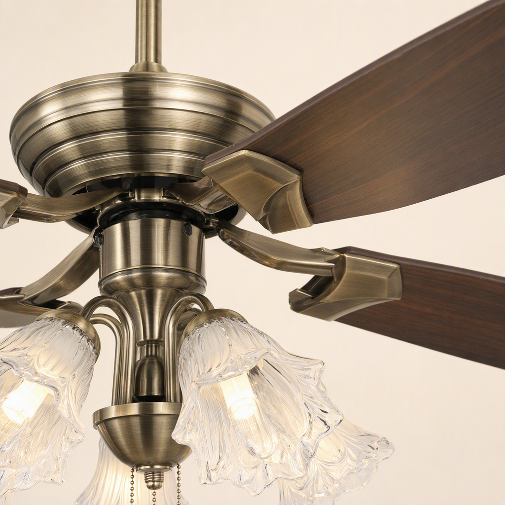 Antique Brass Pull-Chain Ceiling Fan with Five Lights - FAN932-01 — housing blade joint close-up