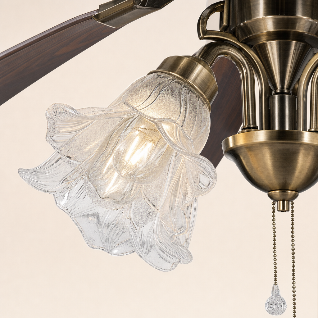 Antique Brass Pull-Chain Ceiling Fan with Five Lights - FAN932-01 — glass light hardware close-up