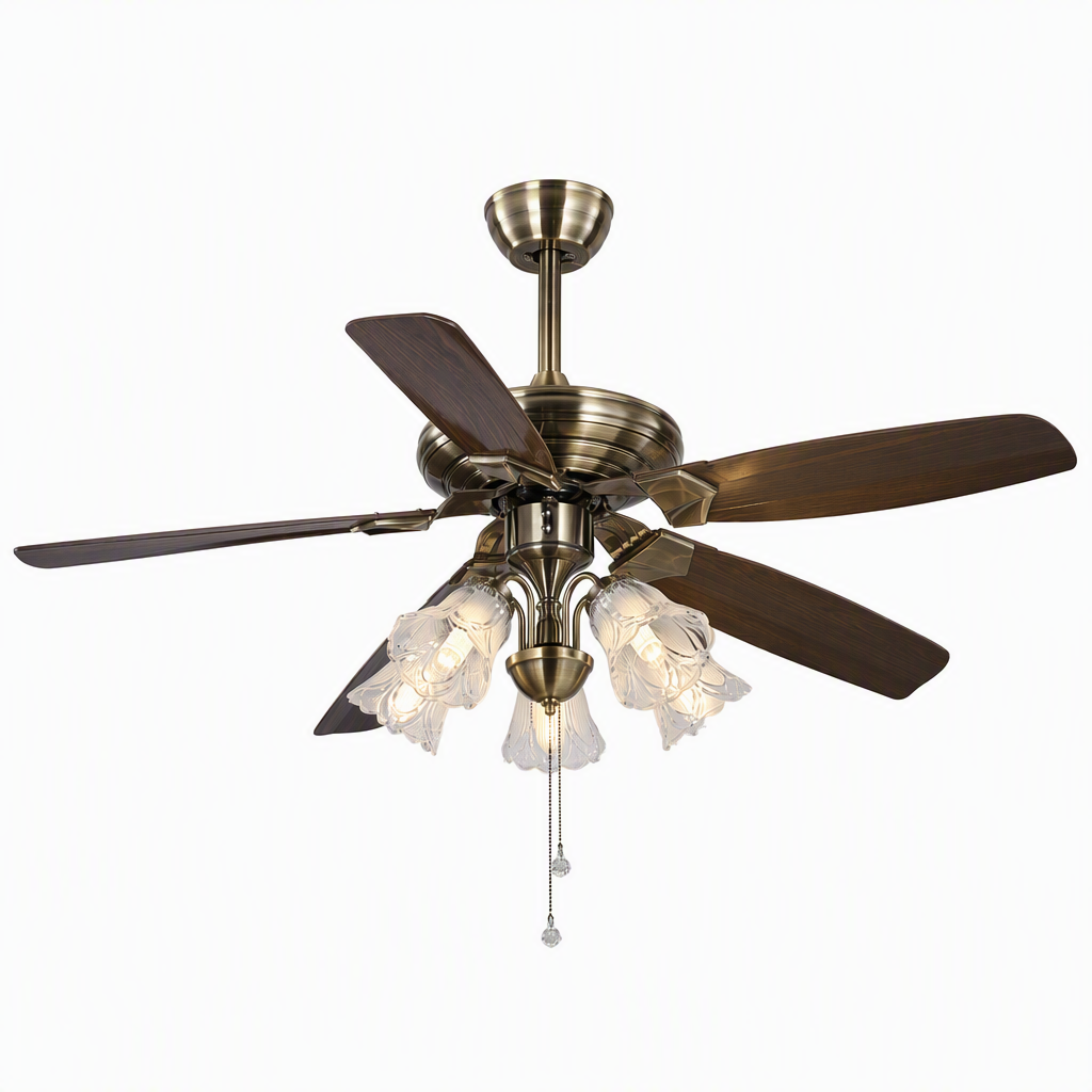 Antique Brass Pull-Chain Ceiling Fan with Five Lights - FAN932-01 — exact product on a seamless pure white background