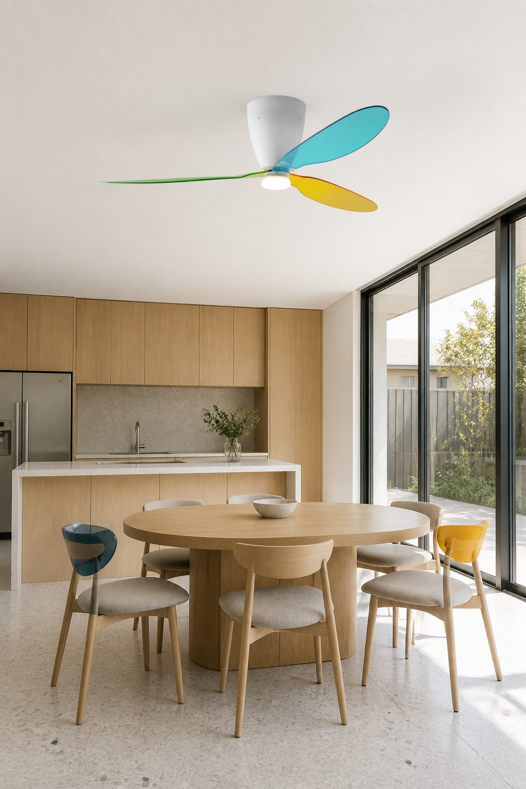 Multicolor Translucent-Blade Ceiling Fan with Light - FAN933-01 — open dining kitchen scene