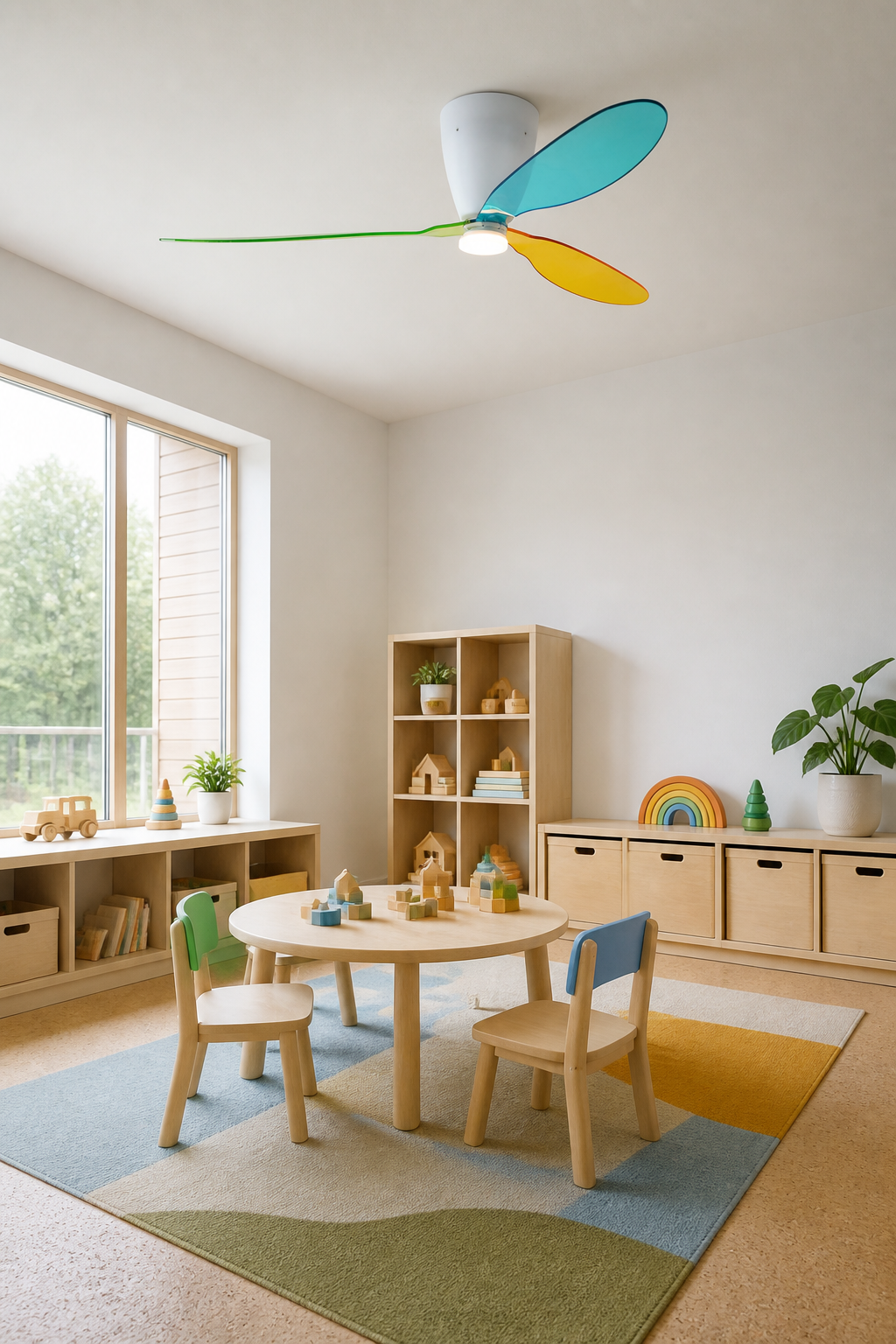 Multicolor Translucent-Blade Ceiling Fan with Light - FAN933-01 — children’s playroom left-oblique view