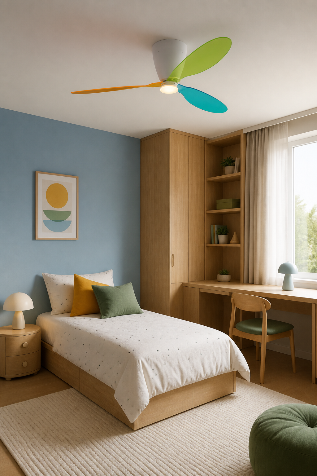 Multicolor Translucent-Blade Ceiling Fan with Light - FAN933-01 — children’s bedroom right-oblique view