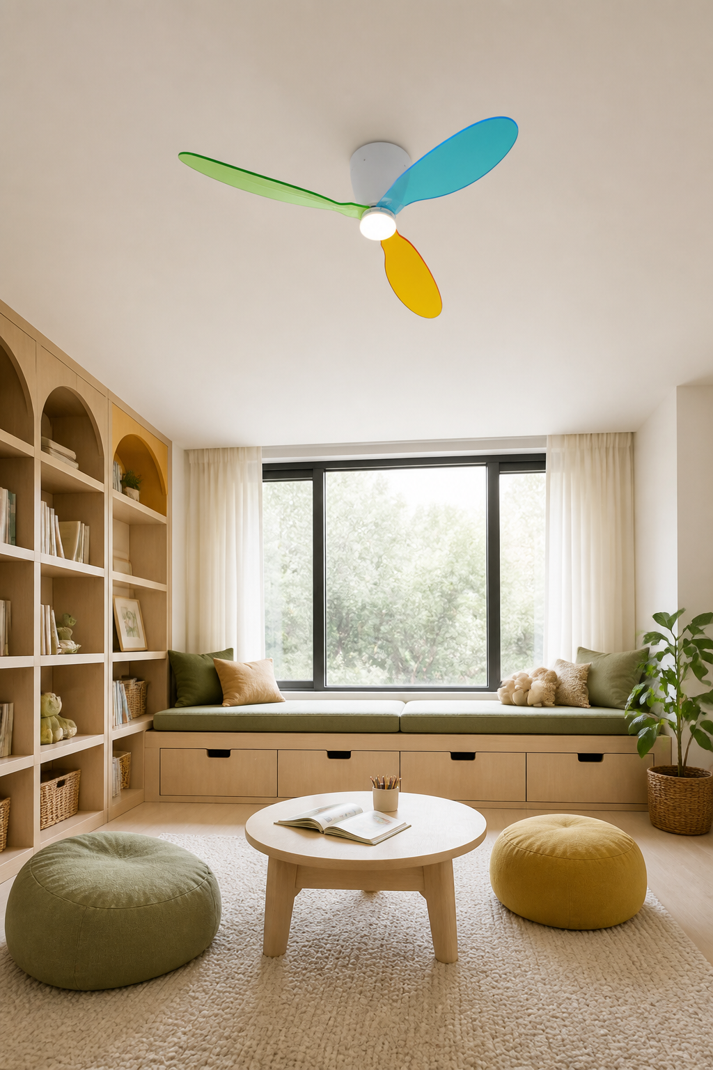 Multicolor Translucent-Blade Ceiling Fan with Light - FAN933-01 — children’s reading room direct-under view