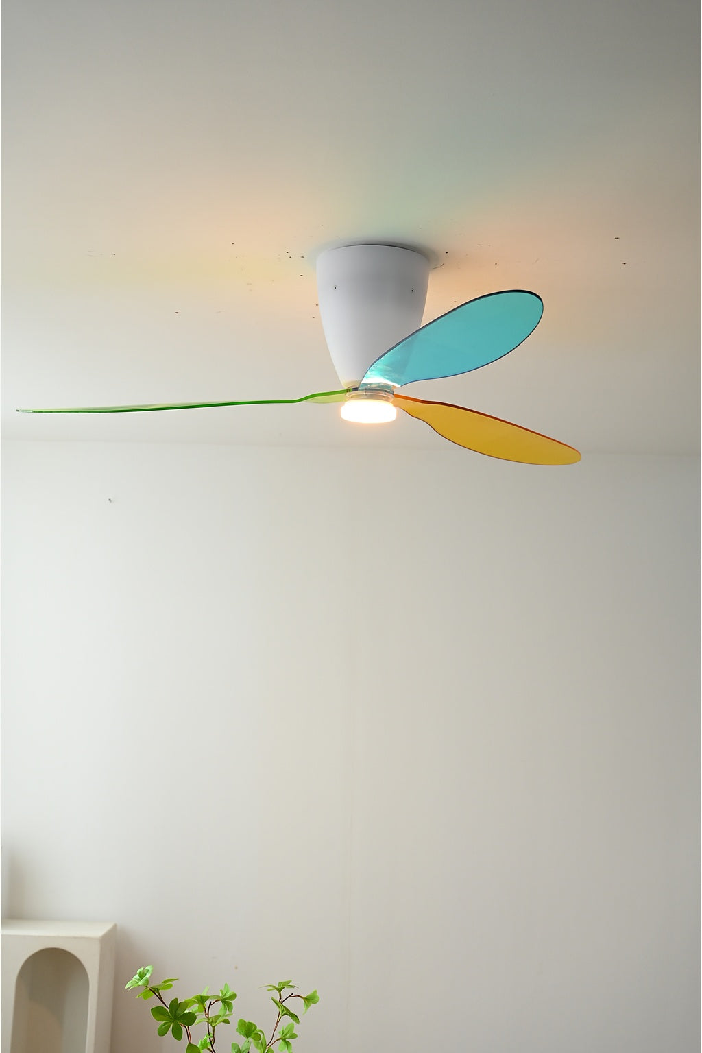 Multicolor Translucent-Blade Ceiling Fan with Light - FAN933-01 — real installed light-on front view