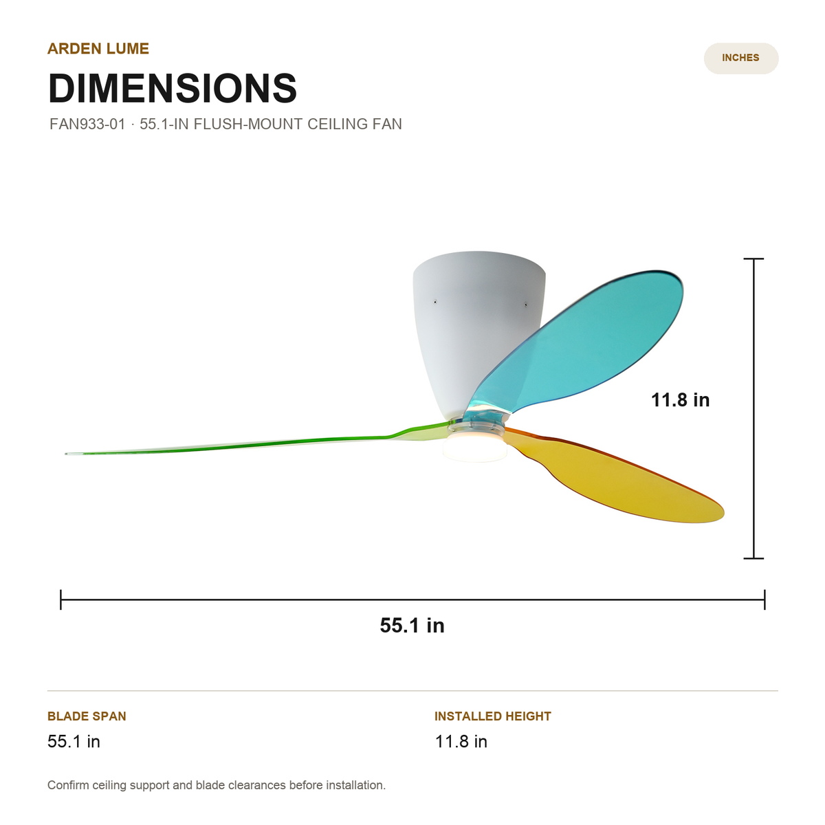 FAN933-01 55.1-inch blade span and 11.8-inch installed height diagram